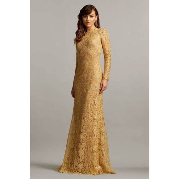 Tadashi Shoji Gold Lace Long Sleeve Open Back Full Length Sheath Formal Gown 8 - Picture 1 of 16